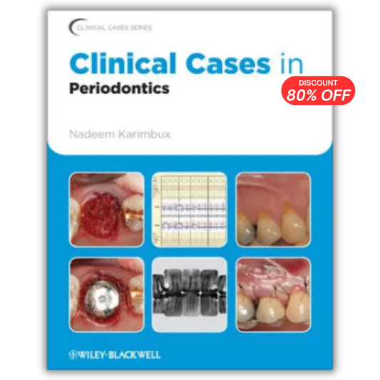 Clinical Cases in Periodontics book cover by Nadeem Karimbux, published by Wiley-Blackwell. The cover features a white top section with blue and black text, and a bright blue bottom section containing six inset clinical photographs related to periodontics.
